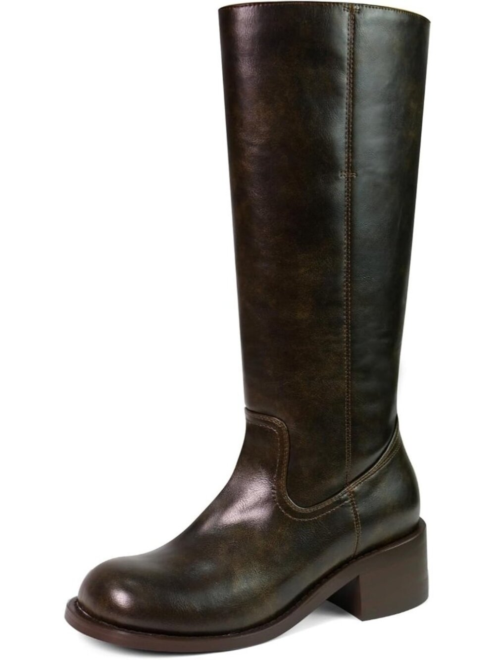 Women Dark Brown Low Heel Square Toe Solid Chunky Block Heel Long Knee High Boot